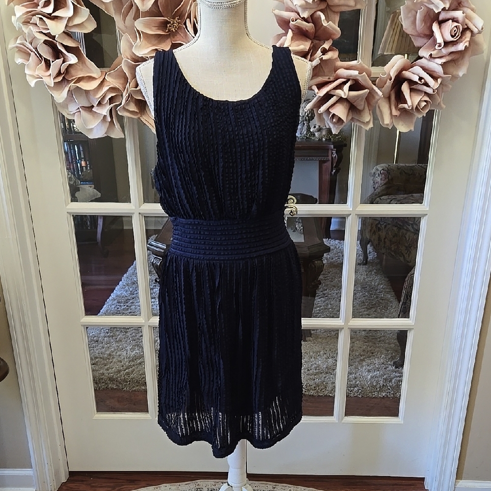 Max Studio Elegant Navy Blue Lace Sleeveless Dress Stretch Fitted Waist Lg EUC